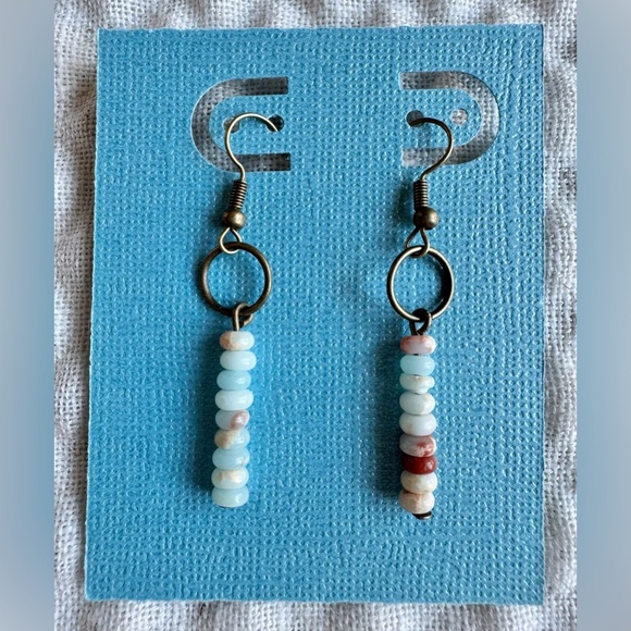 New Natural Blue Agate & Crazy Lace Agate Stacked Stone Beads Earrings - 2” - Picture 4 of 4